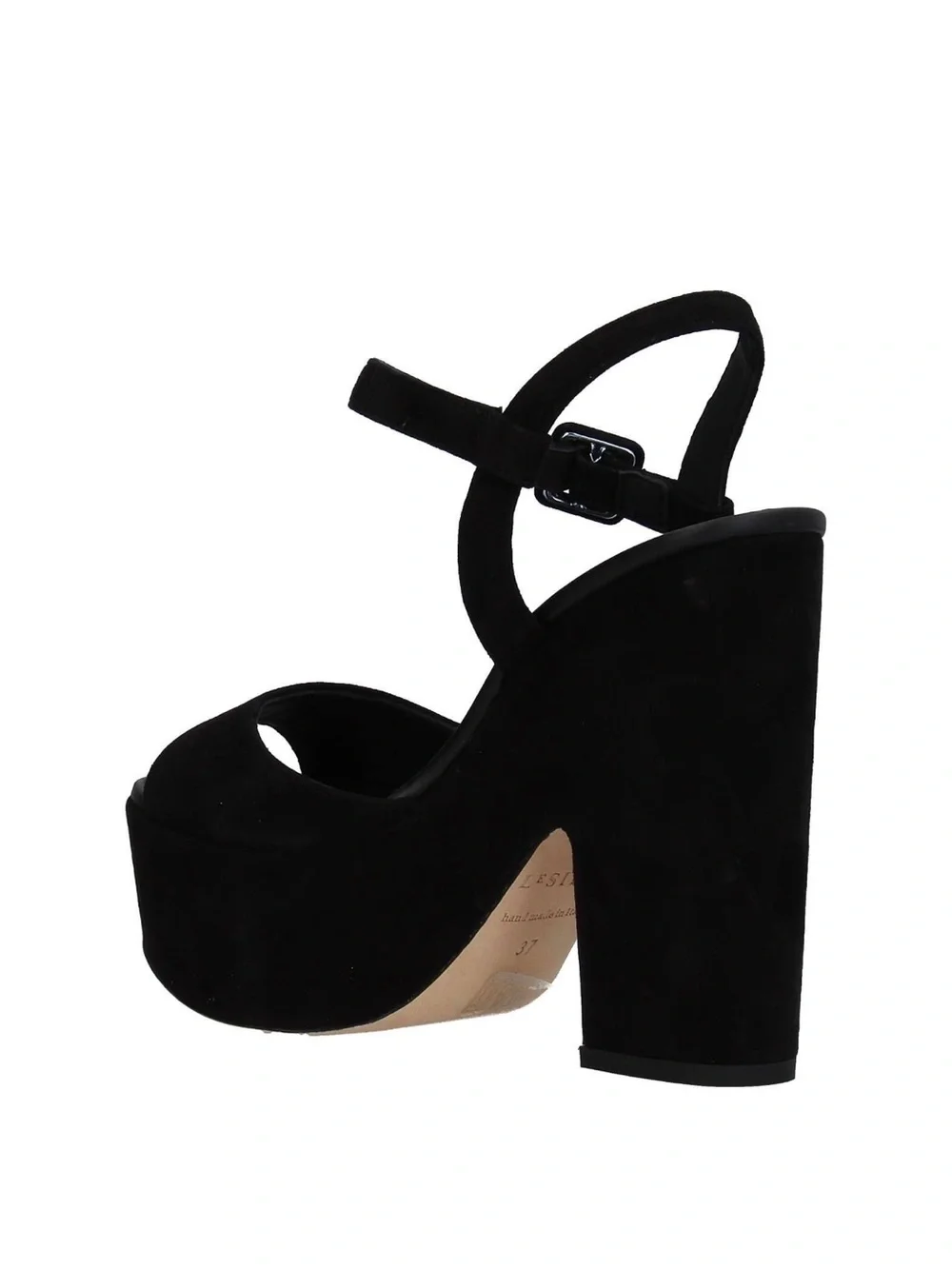 L Silla Black Suede Platform Block Heel Sandals, Size 8